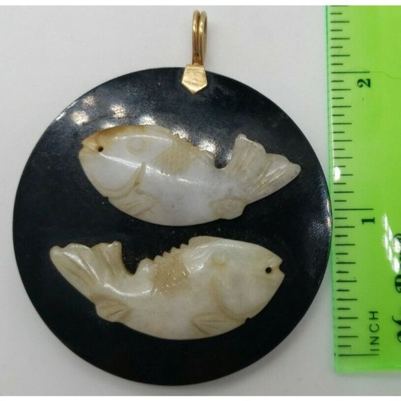 OOAK Green Carved Fish Jadeite Jade Black Onyx Round 14K Yellow Gold Pendant - Picture 12 of 12